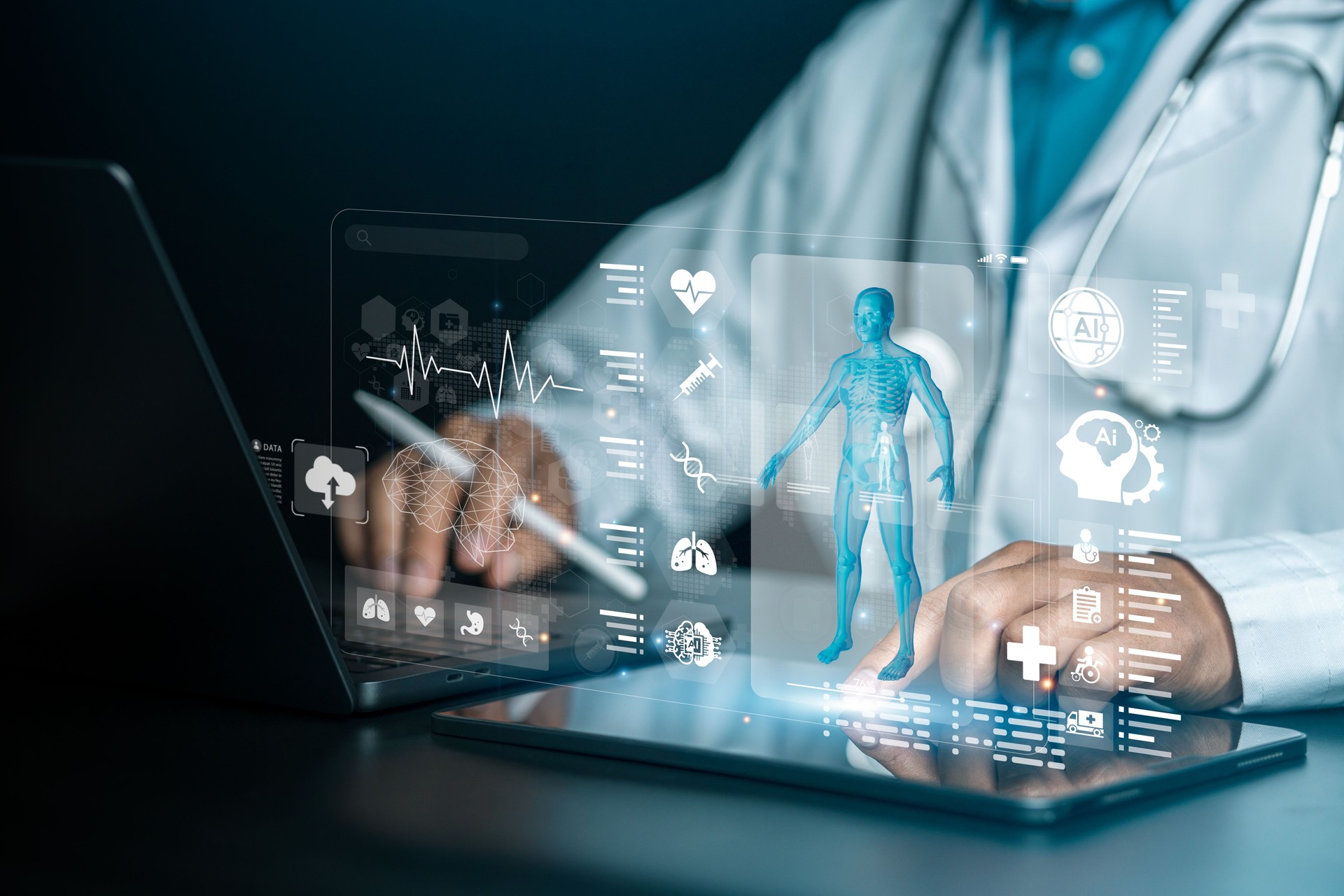 Medical technology: Doctors using advanced AI technology. Virtual medical tools and technology advancements. Artificial intelligence. AI deep learning. Medical research. Future technological precision